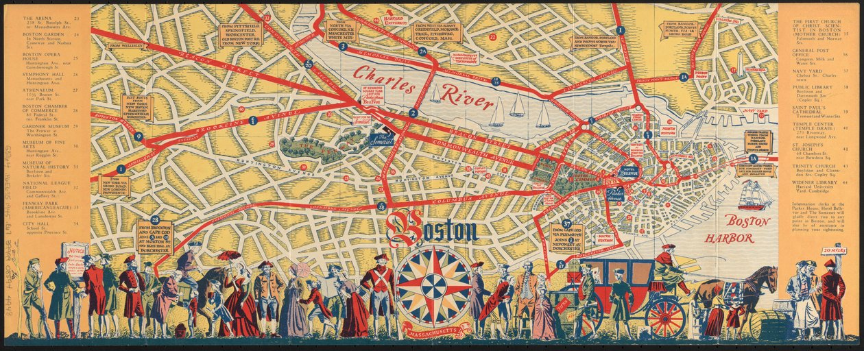 Boston er en browsing-by: hvad du skal se, og hvordan du kan nyde dit besøg, ca. 1935-45 (farve litho) af American School