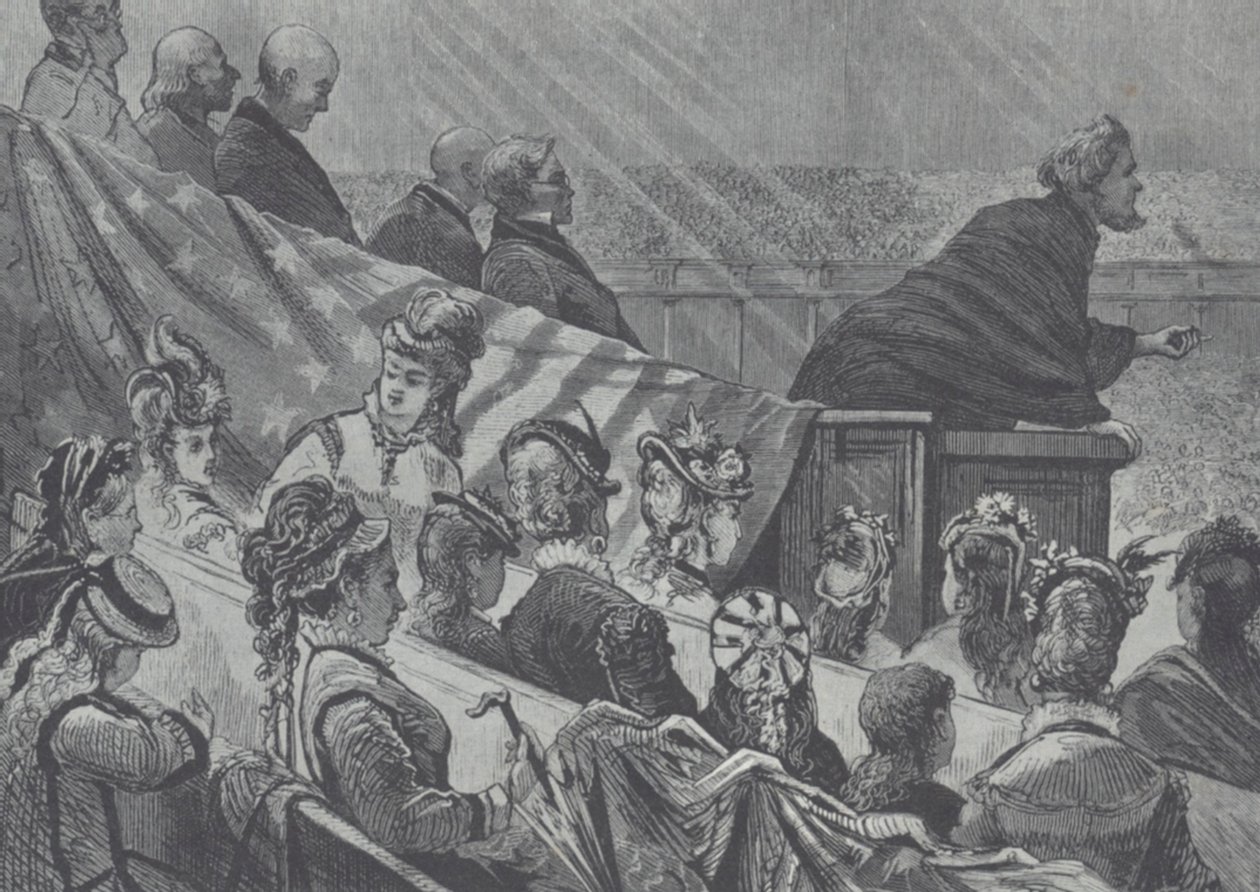 Brigham Young overvåget af sine mange unge hustruer, mens han prædiker i det store Mormon Tabernacle i Utah af American School