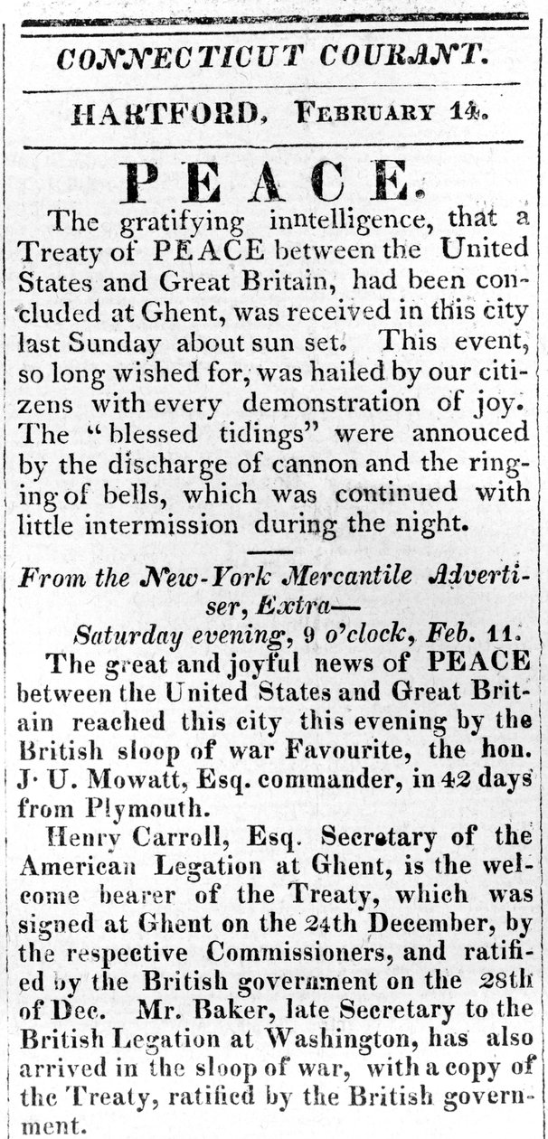 Bredside annoncerer fred mellem USA og Storbritannien efter krigen i 1812, trykt i Connecticut Courant, 1815 (tryk) af American School