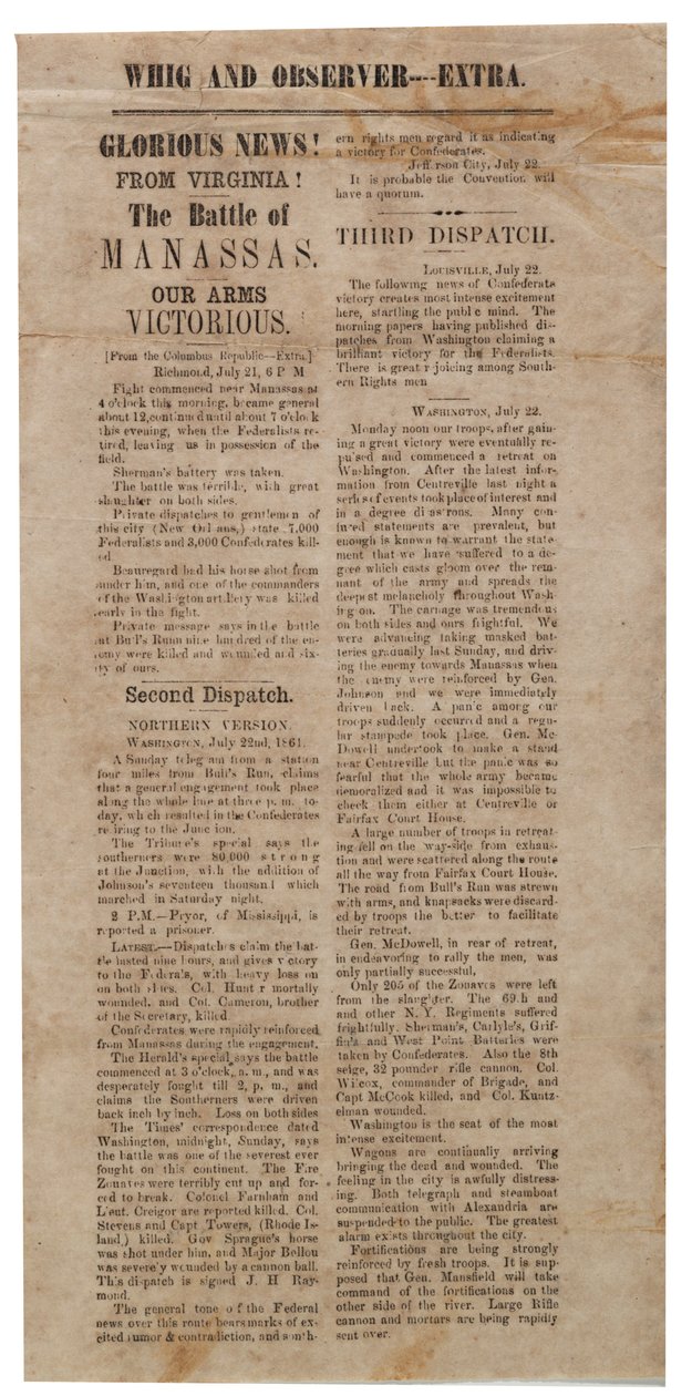 Broadside annoncerer det første slag ved Manassas, Whig og Observer Extra, efter 22. juli 1861 af American School