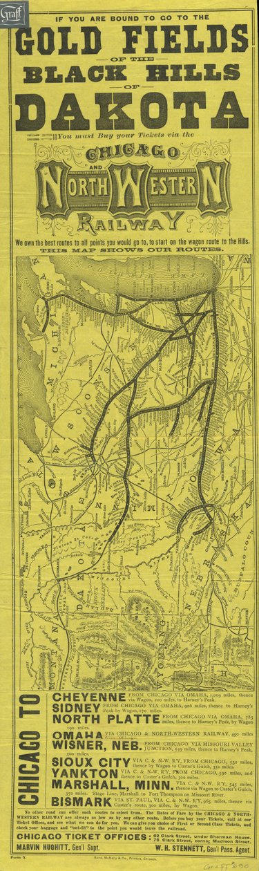 Broadside for Chicago og North Western Railway, trykt af Rand McNally, c.1870 af American School