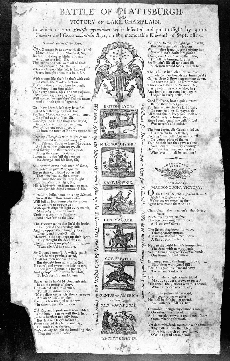 Broadside fra krigen i 1812, med Battle of Plattsburgh og Victory on Lake Champlain (tryk) af American School