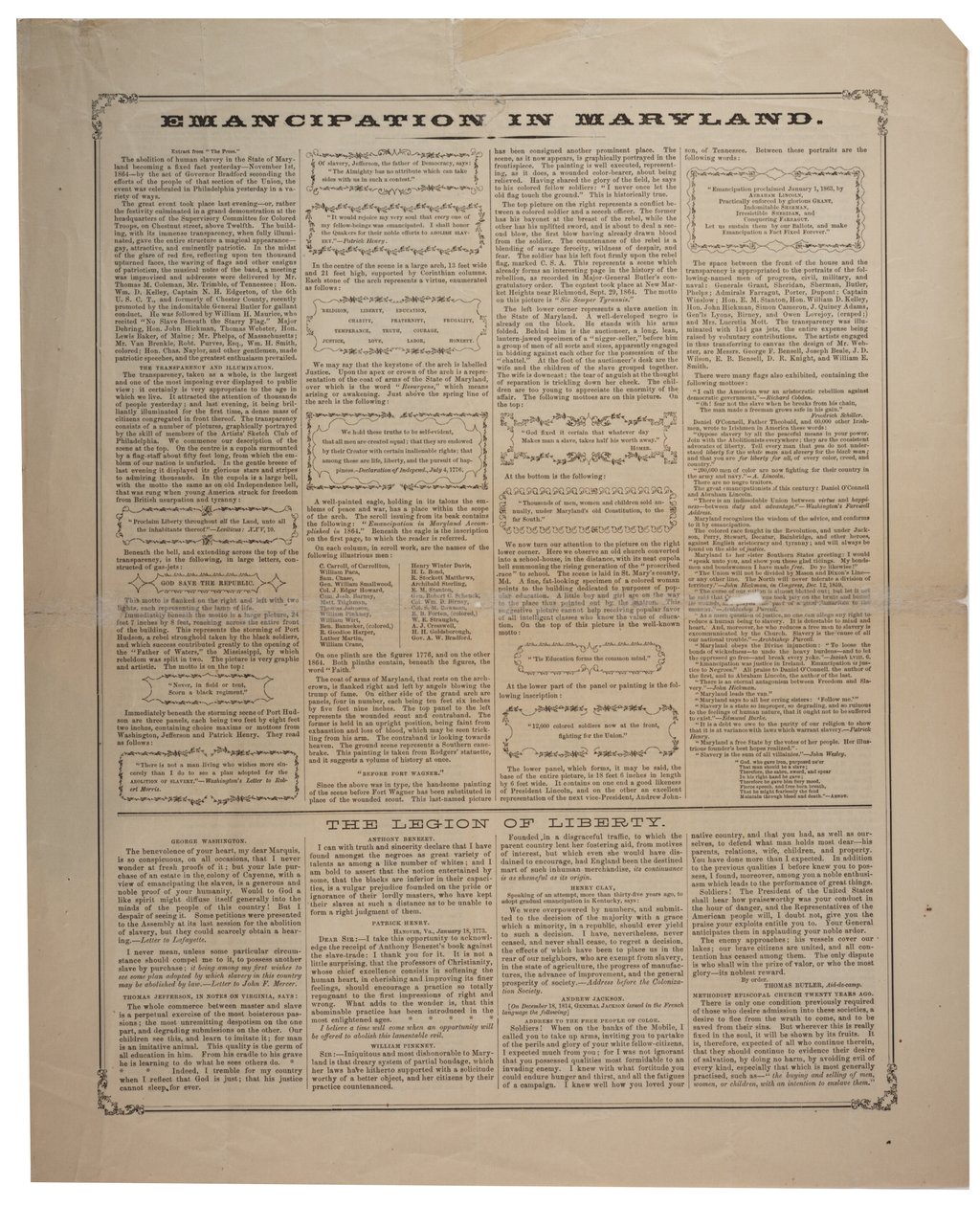 Bredside vedrørende rekruttering af afroamerikanere og fejring af frigørelsen i Maryland, Ringwalt & Brown (fl.1863-1865), ca. 1. november 1864 (se også GLC 696014, 696015 & 696017) af American School