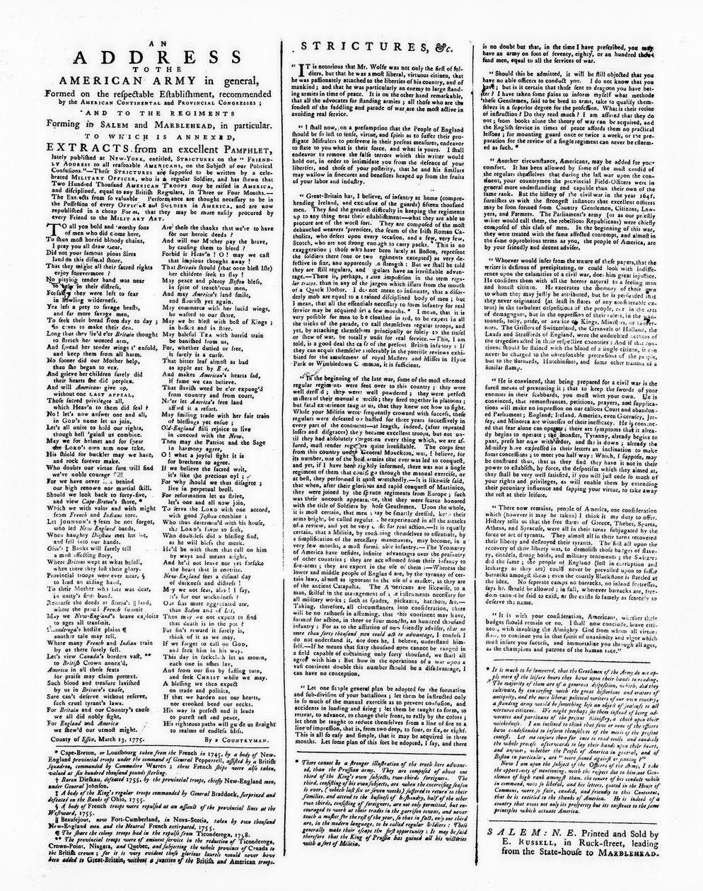 Bredside med adresse til den amerikanske hær, Salem, 1775 (tryk) af American School