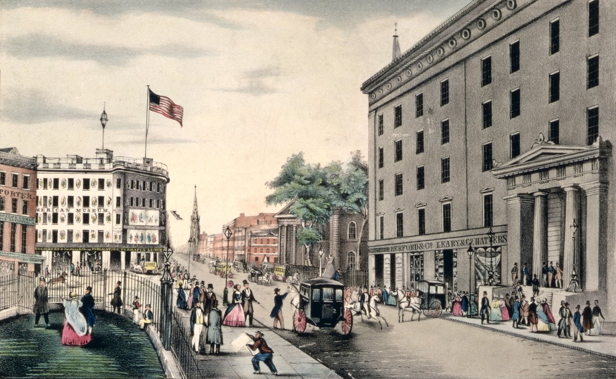 Broadway New York, syd for parken, indgraveret og pub. af Nathaniel Currier (1813-88) New York, af American School