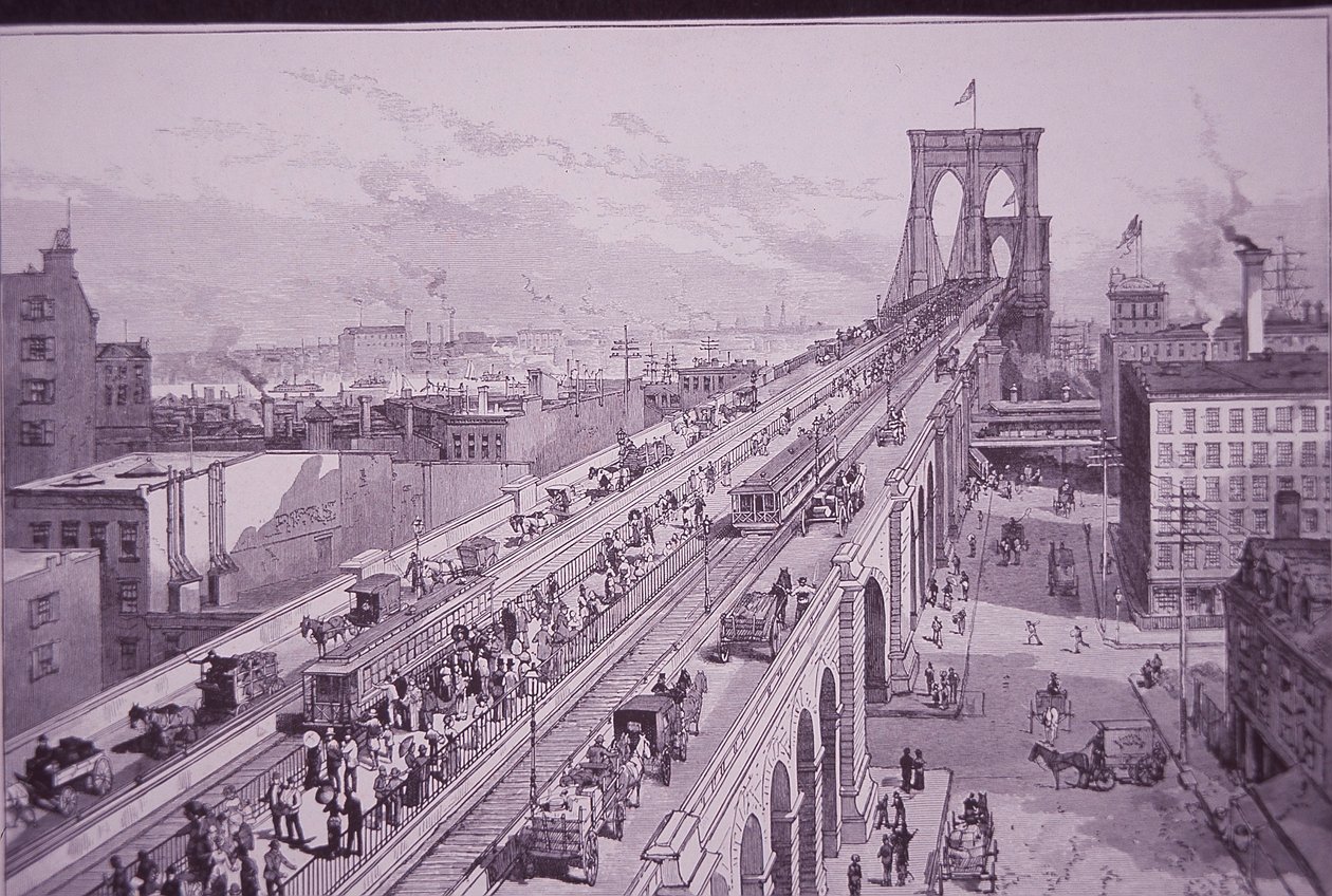 Brooklyn Bridge lige efter åbningsceremonien, offentliggjort 26. maj 1883 (gravering) af American School