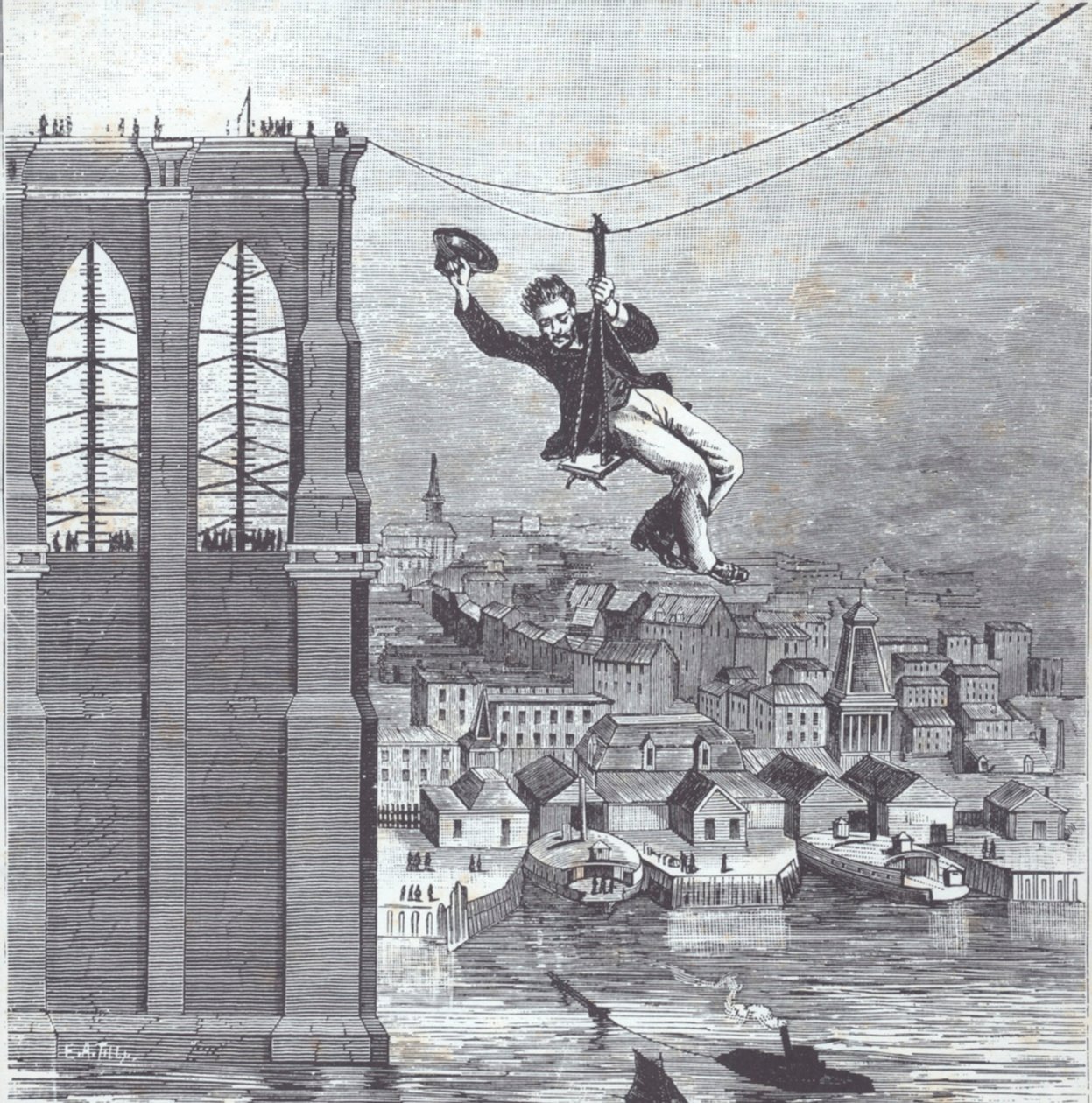 Brooklyn Bridge under opførelse; Hr. Farrington, ledende byggeleder, krydser den første spændvidde mellem de to pyloner den 25. august 1876 (gravering) af American School
