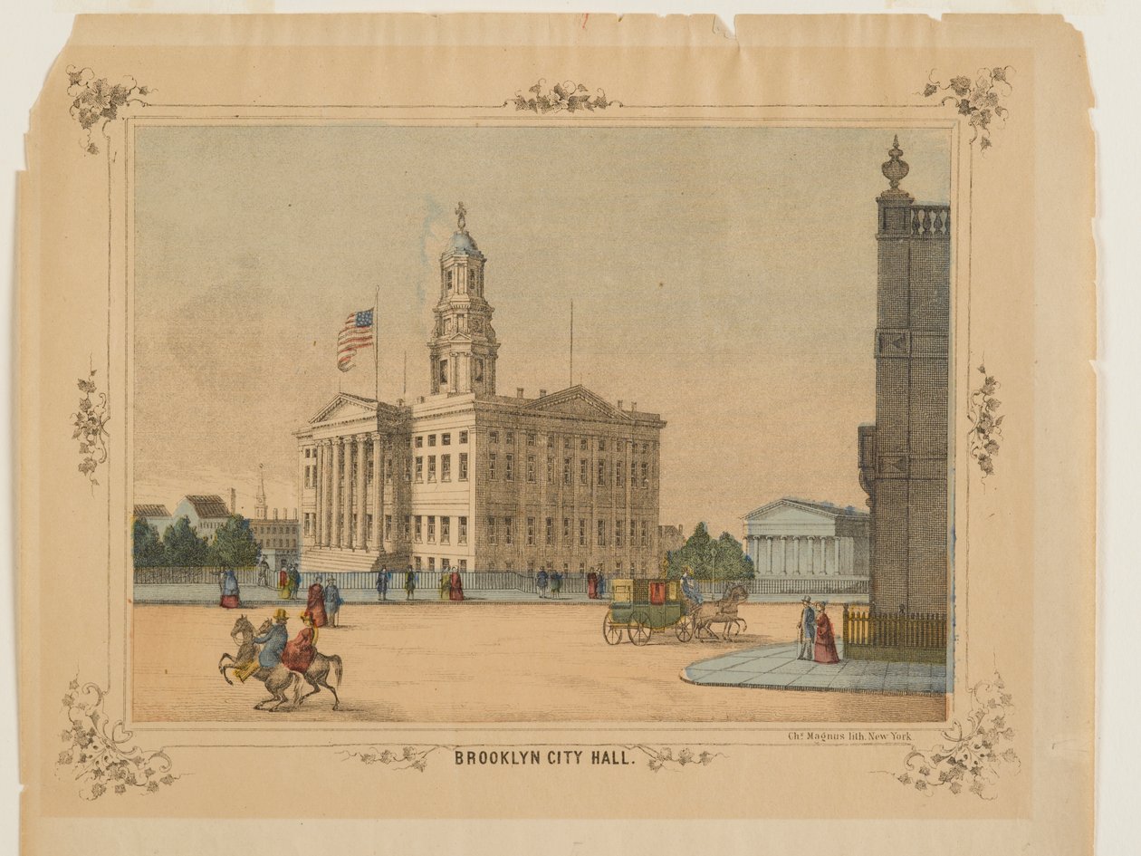 Brooklyn City Hall, udgivet af Charles Magnus, Inc. (litho, håndmalet med wc) af American School