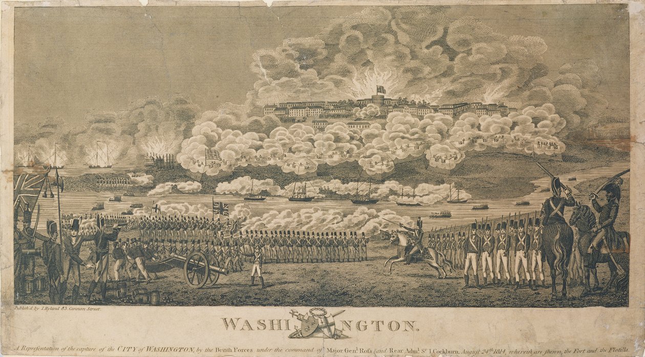 Afbrænding af Washington af briterne, 24. august 1814, udgivet af I. Ryland af American School