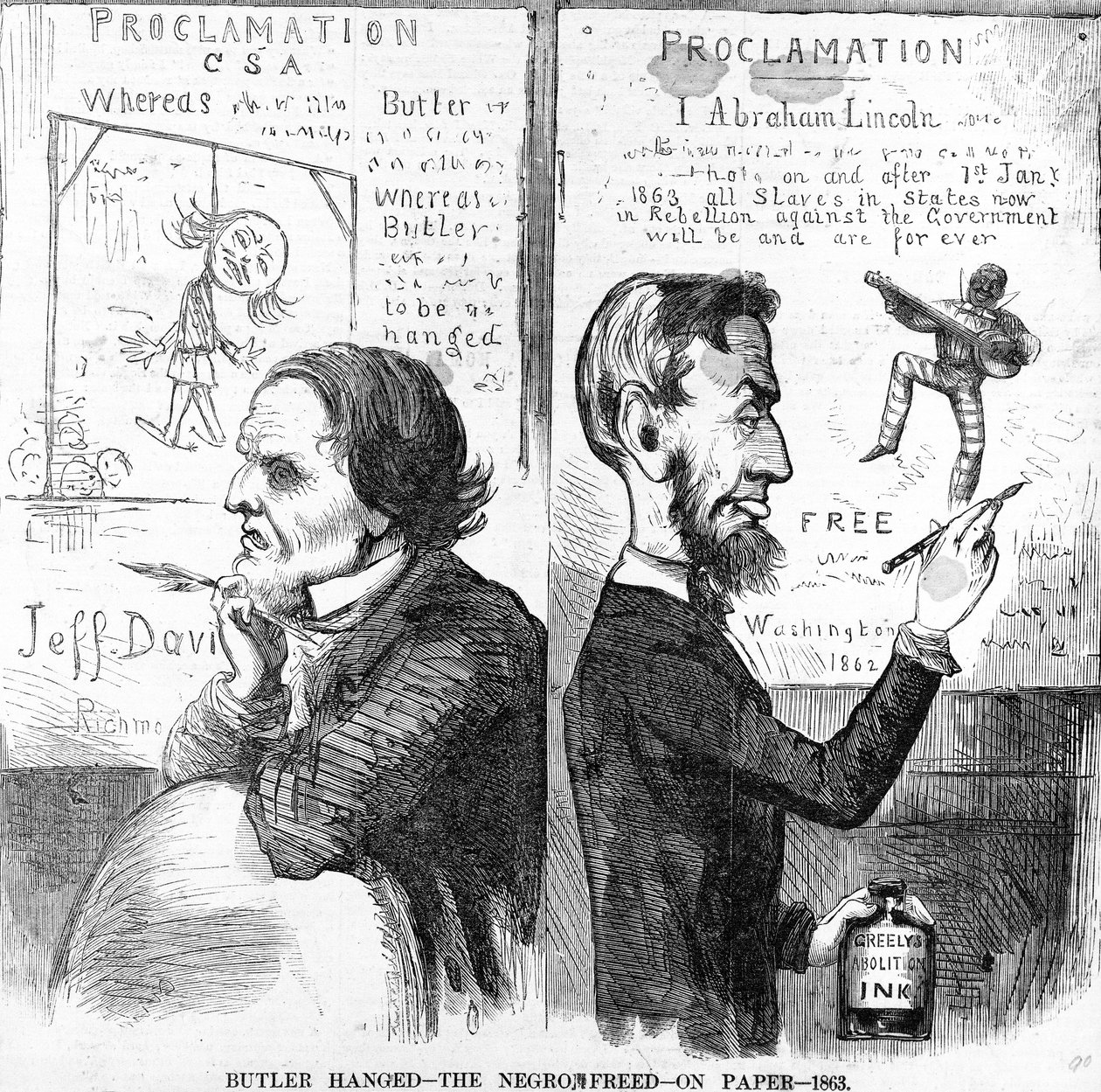 Butler Hanged, The Negro Free, på papir, 1863 af American School