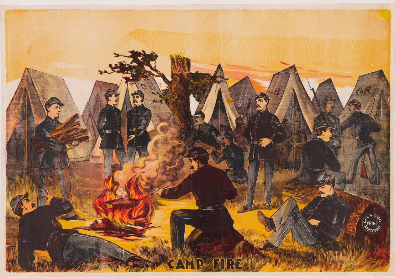 Camp Fire, pub. c1865 farvelitografi af American School