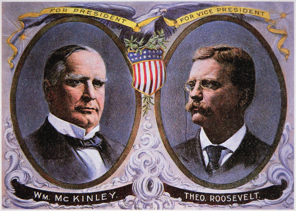 Kampagneplakat for William Mckinley (1843-1901) som præsident og Theodore Roosevelt (1858-1919) som vicepræsident af American School
