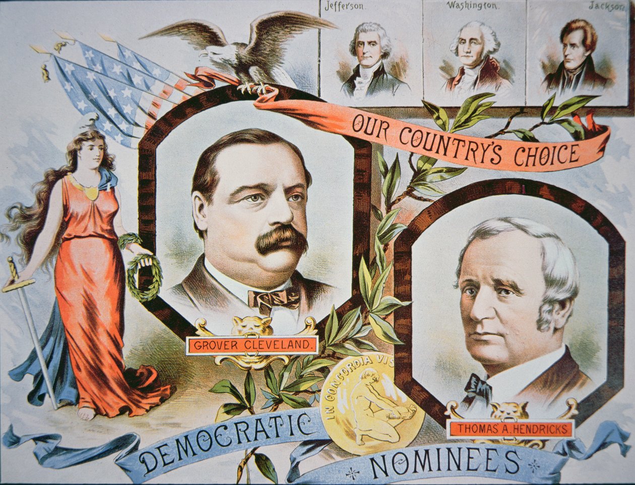 Kampagneplakat for præsidentkandidat Grover Cleveland og vicekammerat, Thomas A. Hendricks (1819-85) af American School
