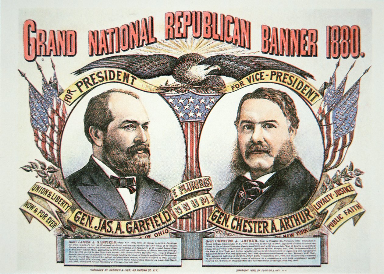 Kampagneplakat for præsidentkandidat James A. Garfield (1831-81) og vicekammerat, Chester A. Arthur (1829-86) 1880 (farve litho) af American School