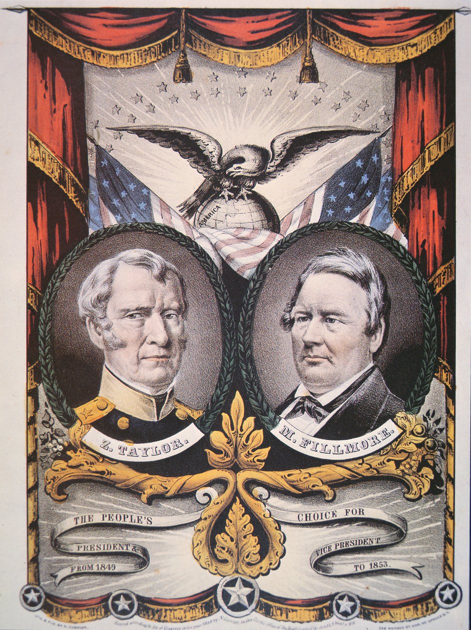 Kampagneplakat for præsidentkandidat Zachary Taylor (1784-1850) og vicekammerat, Millard Fillmore (1800-74) 1848 (farve litho) af American School