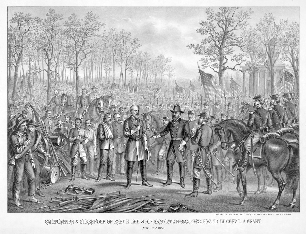 Capitulation & Surrender of Robt. E. Lee & His Army i Appomattox Chi., Va. til Lt. Genl. U.S. Grant, 9. april 1865, pub. 1885 (gravering) af American School