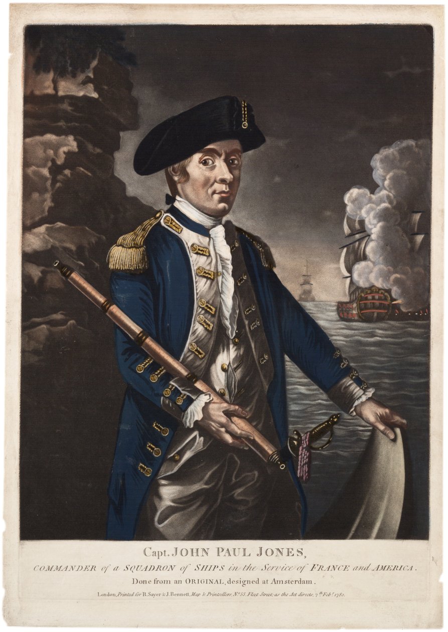 Kaptajn John Paul Jones, chef for en eskadron af skibe i Frankrigs og Amerikas tjeneste, 1780 (håndfarvet mezzotint) af American School