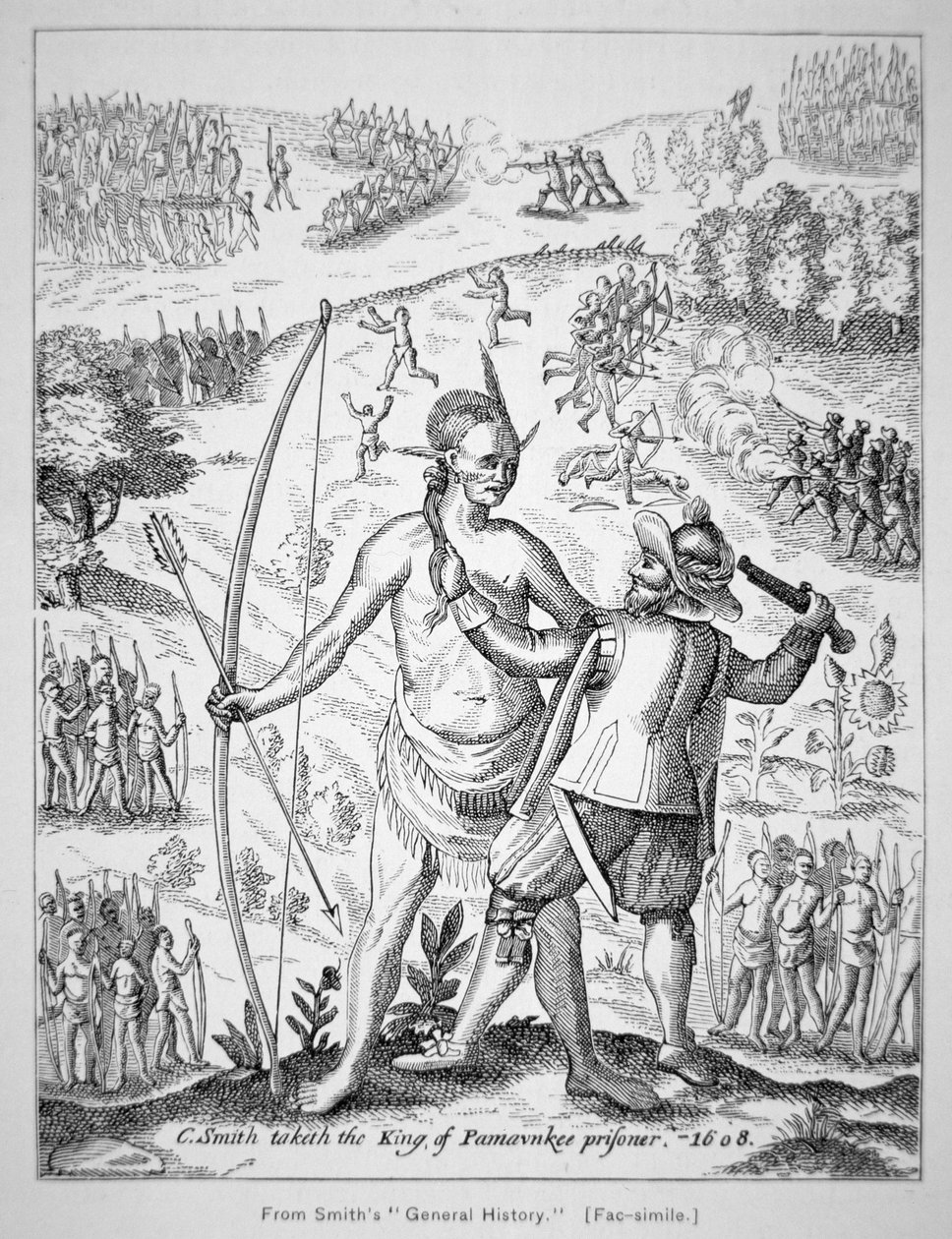 Kaptajn John Smith (1580-1631) fangede en indianerhøvding i 1608 fra Smiths 