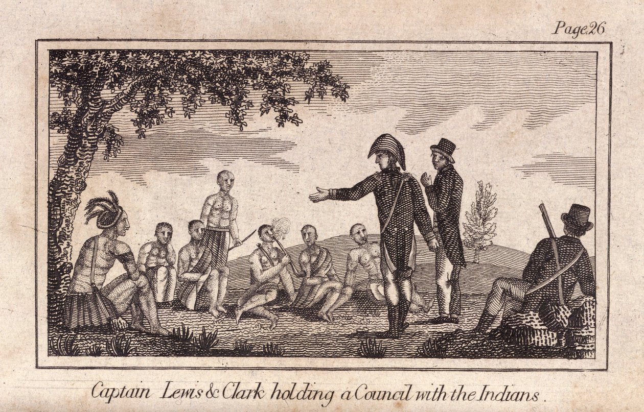 Kaptajn Lewis & Clarke holder møde med indianerne, pub. 1812 (gravering) af American School