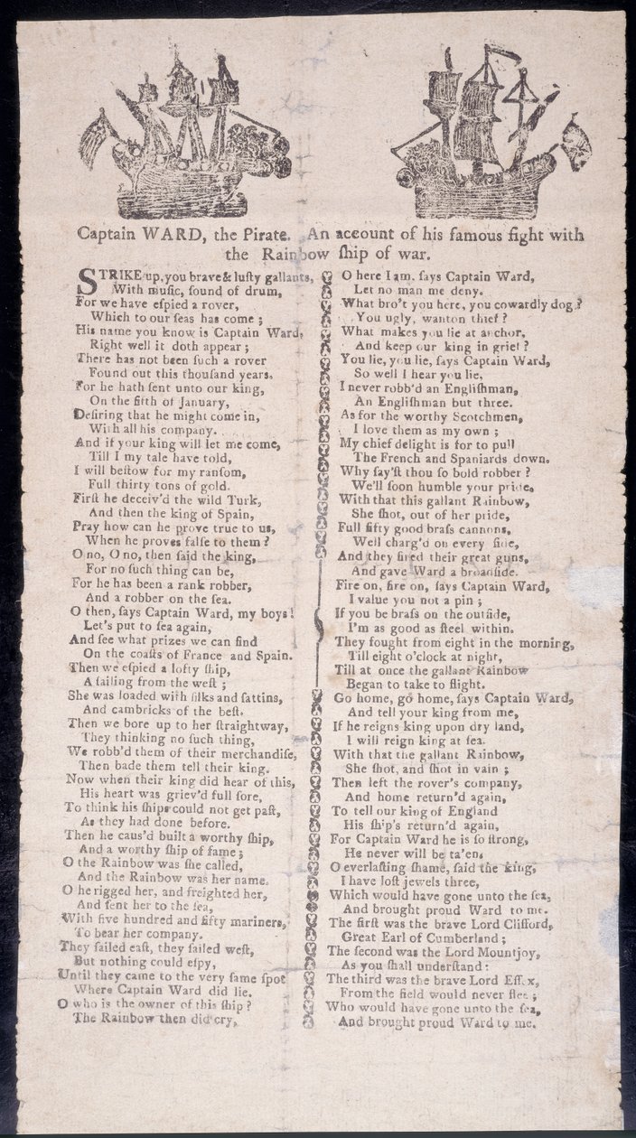 Kaptajn Wards kamp med regnbueskibet af krig, bredside trykt 1775 (tryk) af American School