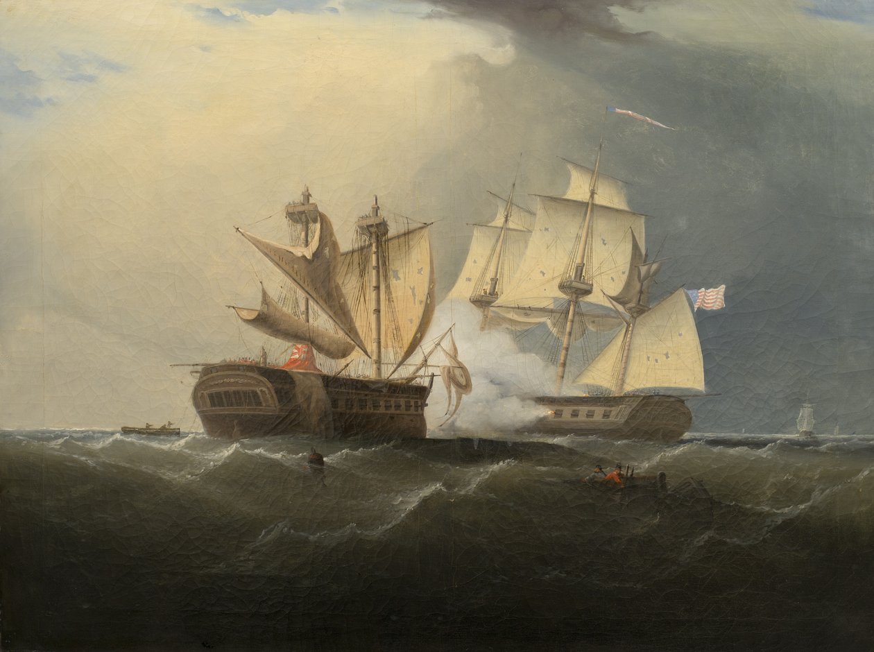 Fangst af H.M.S. Makedonsk af U.S. Fregate United States, efter Thomas Birch, 1813 af American School