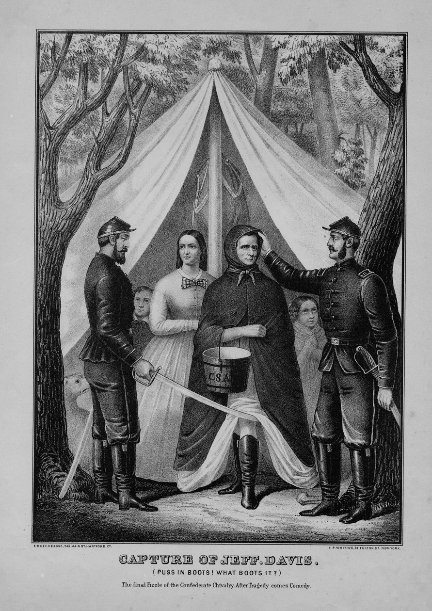 Fangst af Jeff. Davis (Puss in boots! What boots it?): Det sidste sus i det konfødererede ridderskab: efter tragedie kommer komedie, udgivet af E.B. & E.C. Kellogg, Hartford og F.P. Whiting, New York af American School
