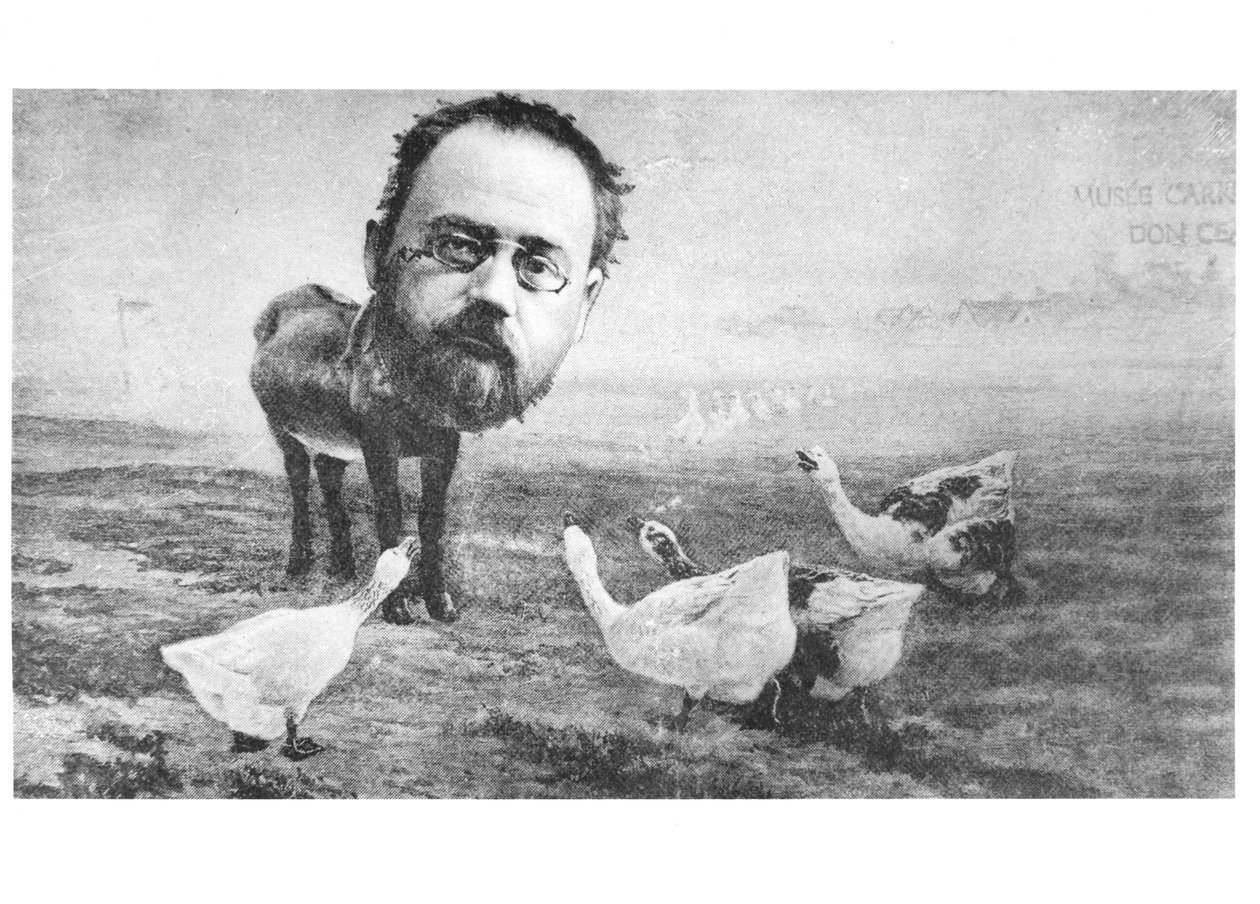 Karikatur af Emile Zola (1840-1902), æslet og gæssene; fra Life, 4de April 1889 af American School