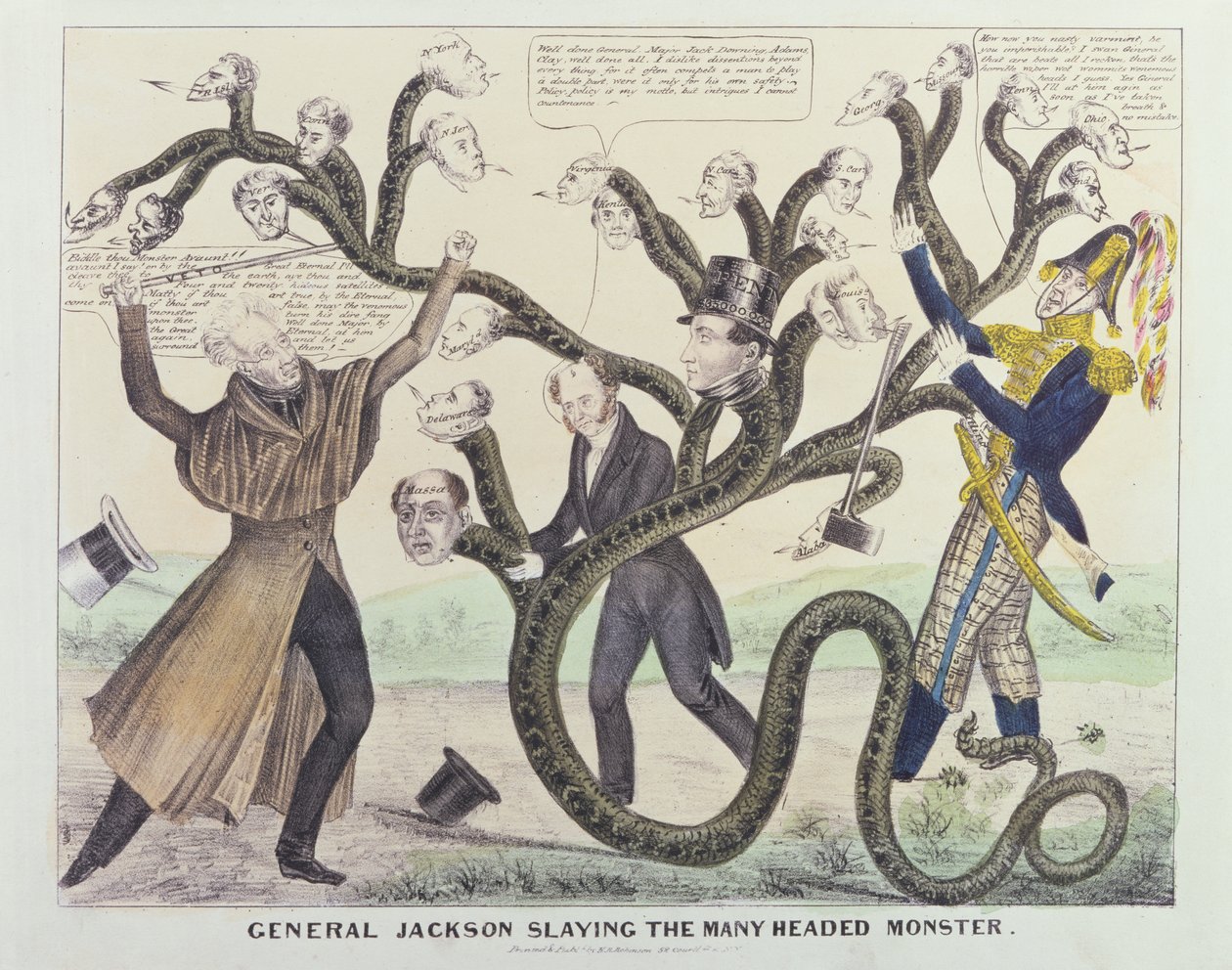 Karikatur af general Jackson (1767-1845) Slaying the Many Headed Monster, udgivet af H.R. Robinson, ca. 1836 (pen & blæk, blyant & wc på papir) af American School