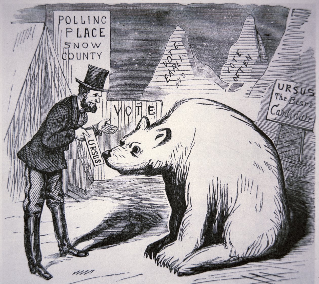Tegneserie, der viser amerikansk politiker, der forsøger at finde vælgere i det ubeboede Alaska af American School