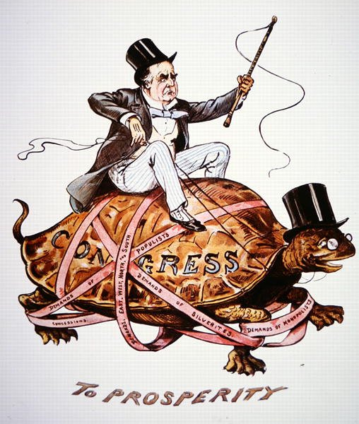 Tegneserie, der skildrer præsident William Mckinley (1843-1901), der forsøger at drive sin politik gennem kongressen (farve litho) af American School