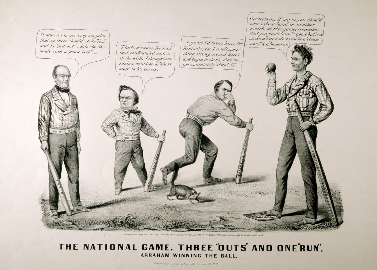 Tegneserie, der viser Abraham Lincoln (1809-65) vinde bolden mod sine modstandere Douglas, Bell og Breckenridge i præsidentvalget i 1860, 1860 af American School