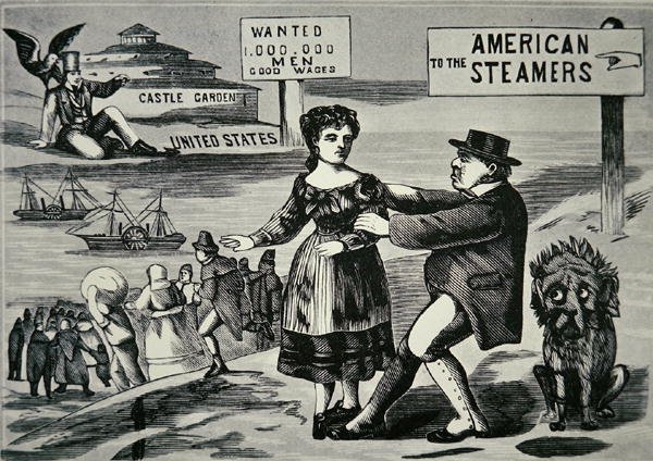 Tegneserie, der viser John Bull, der forsøger at stoppe den stigende strøm af arbejdere til USA, ca. 1850 (gravering) af American School