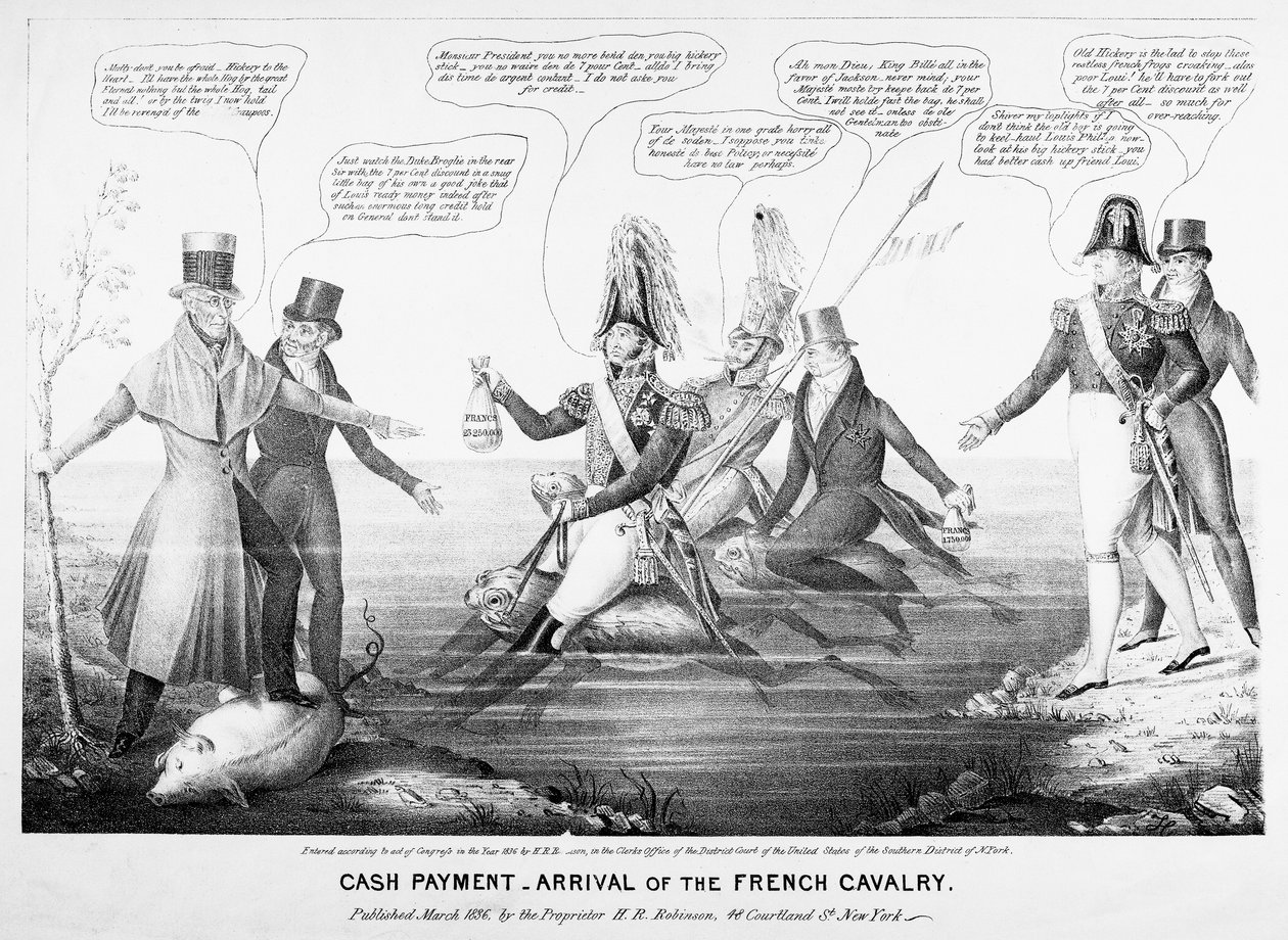 Kontant betaling - Ankomst af det franske kavaleri, udgivet af H.R. Robinson, New York, 1836 (indgraveret) af American School