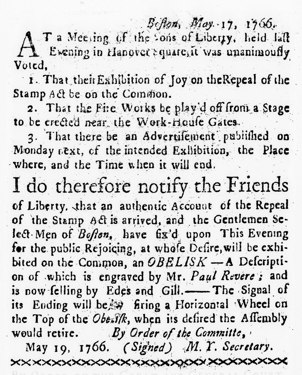 Fejring af ophævelsen af frimærkeloven, fra Boston Gazette, 19. maj, 1766 (avispapir) af American School