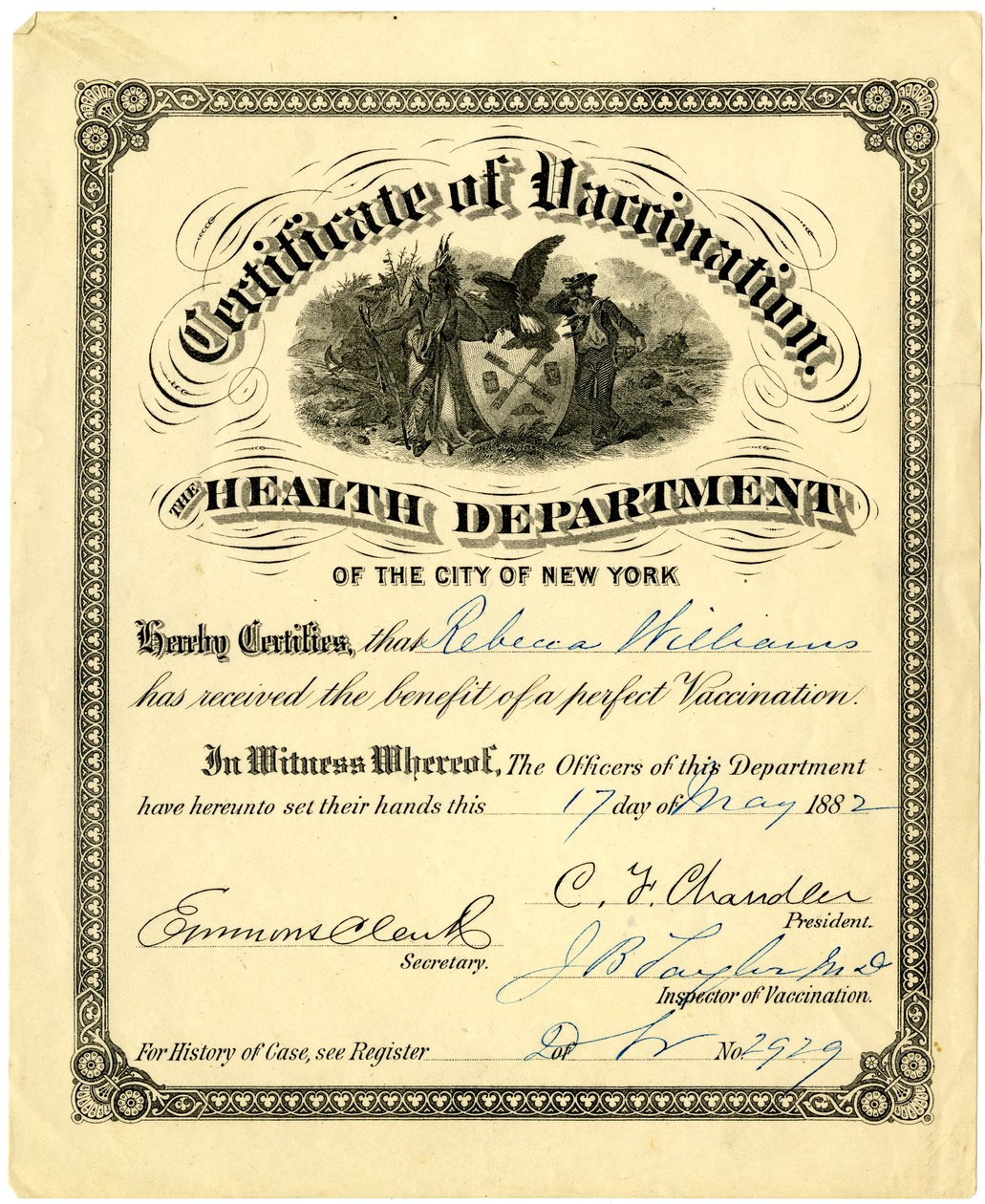 Vaccinationscertifikat, Health Department of City of New York..., 1882 (gravering [certifikat] udfyldt med blæk) af American School