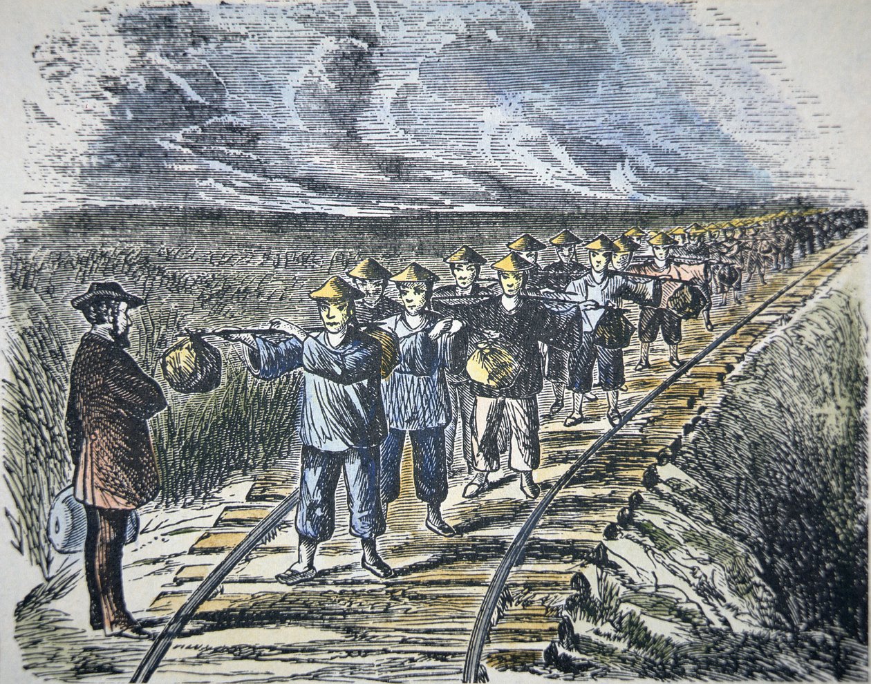 Charles Crocker (1822-88) og hans kinesiske arbejdsstyrke, der konstruerede Central Pacific Railroad, afsluttede 1869 (farve litho) af American School