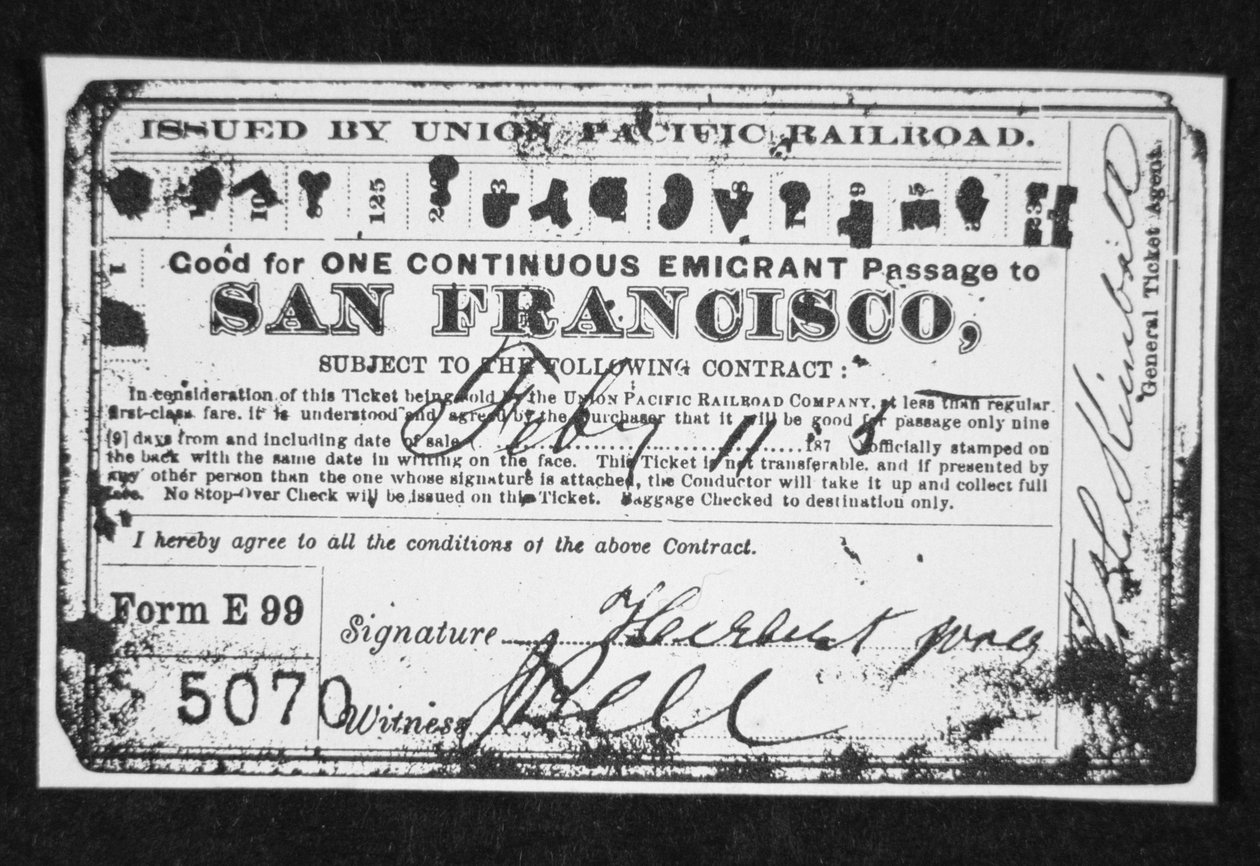 Billig emigrantjernbanebillet, ca. 1870 (litho) af American School