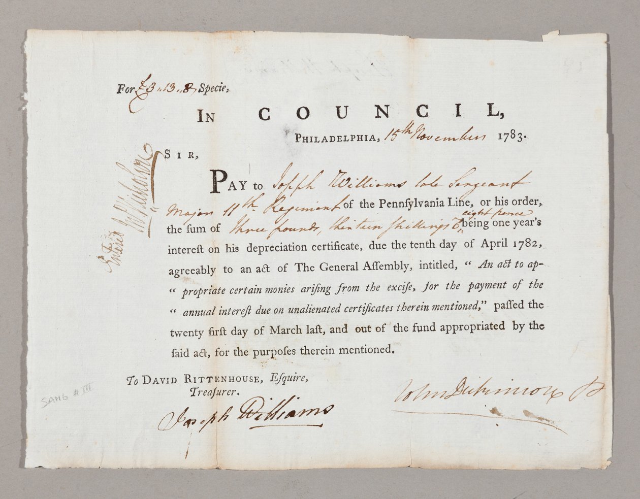 Check for tre pund og tretten shilling til Joseph Williams, 13. november 1783 af American School