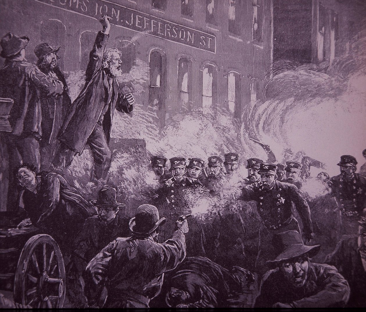 Chicago Haymarket Labor Riot i 1886, gravering offentliggjort i Harper
