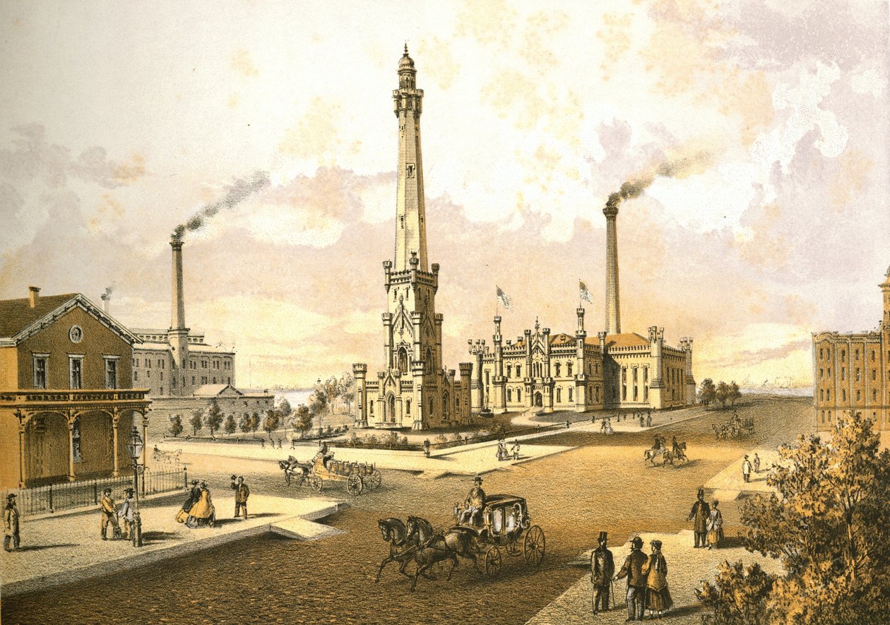 Chicago Water Works, fra Chicago Illustrated, med litterære beskrivelser af James W. Sheahan, udgivet af Jevne & Almini, Chicago, 1866-67 af American School
