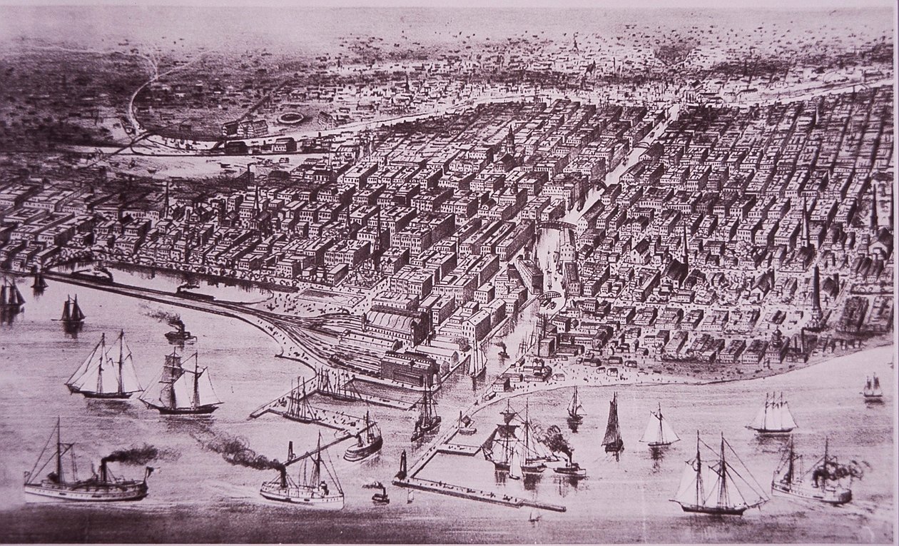 Chicago før den store brand i 1871, ca. 1870 (litho) af American School