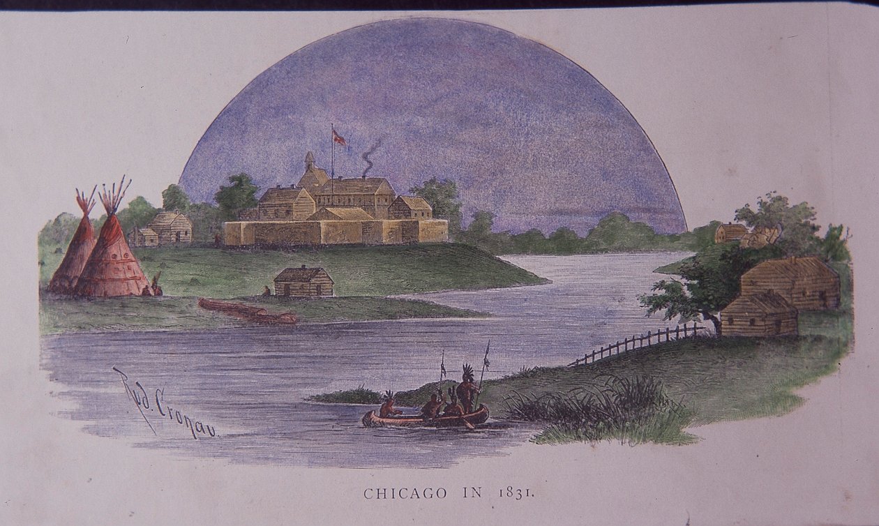 Chicago i 1831, slutningen af det 19. århundrede (farvet gravering) af American School