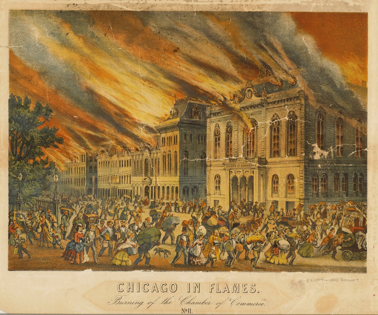 Chicago in Flames: Burning of the Chamber of Commerce (farve litho) af American School