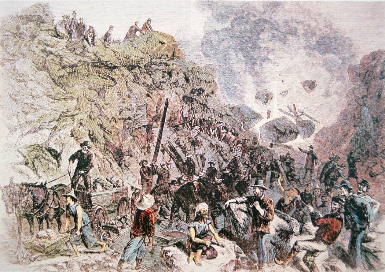 Kinesiske arbejdere hjælper med at bygge Central Pacific Railroad, færdiggjort 1869 (farve litho) af American School