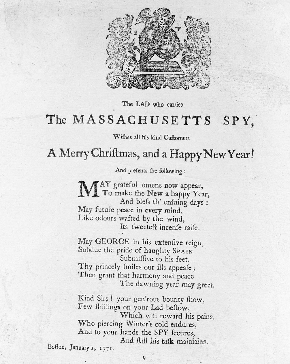 Julehilsner fra drengen, der bærer Massachusetts Spy, trykt i Massachusetts Spy 1. januar 1771 (tryk) af American School