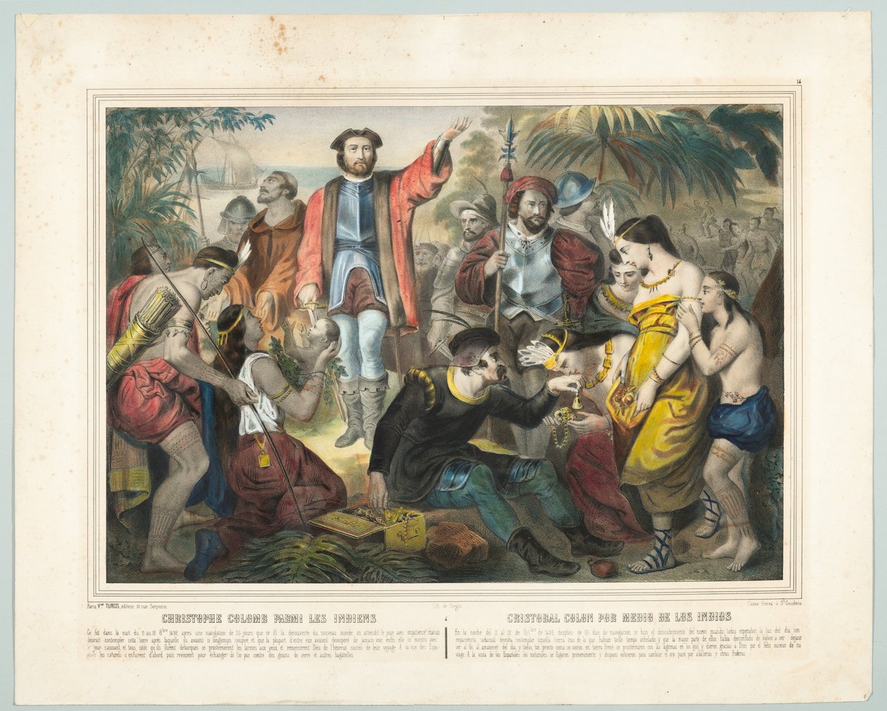 Christopher Columbus blandt indianerne (farve litho) af American School