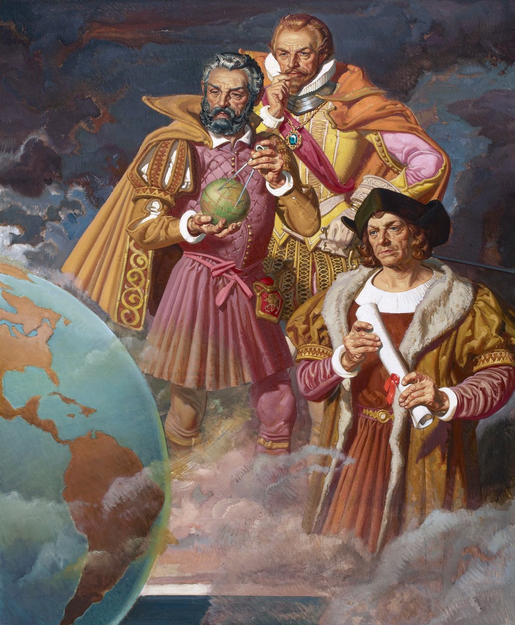 Christoffer Columbus, Ferdinand Magellan og Vasco de Gama, ca. 1940 (farvelitografi) af American School