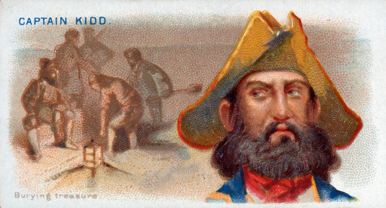 Cigaretkort Captain Kidd, Burying Treasure, pub. 1888 farvelitografi. af American School