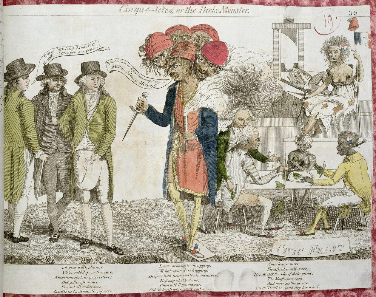 Cinque-Tetes eller Paris-monstret, tegneserie satiriserende XYZ-affæren, 1797 af American School