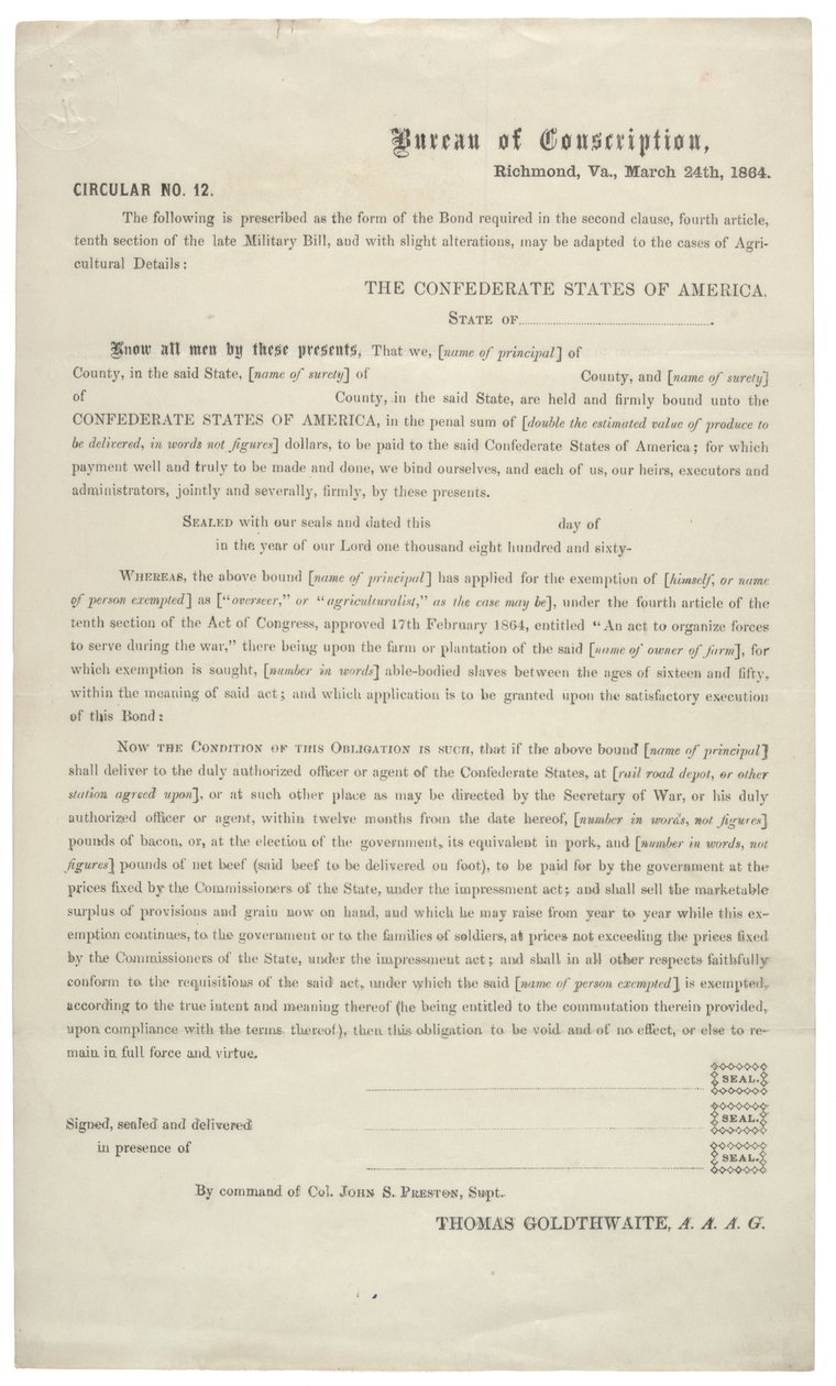 Cirkulære nr. 12, en blank ansøgning om fritagelse for tjeneste i den konfødererede hær, 24. marts 1864 af American School